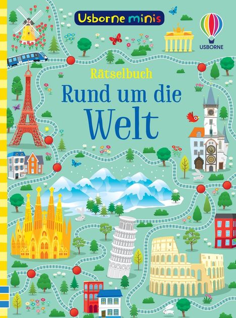 „Rätselbuch Rund um die Welt“, Illustration mit berühmten Wahrzeichen, wie Eiffelturm und Kolosseum auf verspieltem Hintergrund.