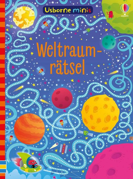 "Weltraumrätsel"; bunte Illustration mit Planeten, Sternen, Raketen und einem kleinen Astronauten im Raumschiff.