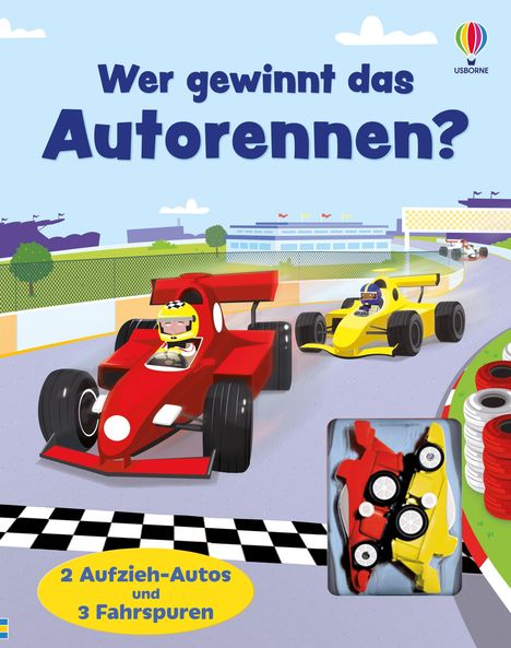 "Wer gewinnt das Autorennen?" Zwei Aufzieh-Autos und drei Fahrspuren. Illustration mit Rennwagen auf einer Strecke.