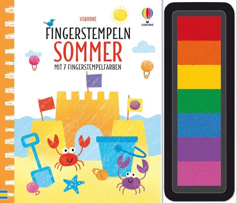 "FINGERSTEMPELN SOMMER MIT 7 FINGERSTEMPELFARBEN." Illustration: Sandburg, Eimer, Krabben und Sonne.