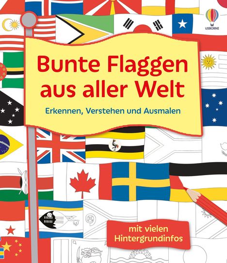 Text: "Bunte Flaggen aus aller Welt" oben, "mit vielen Hintergrundinfos" unten. Abgebildet sind viele bunte Flaggen.