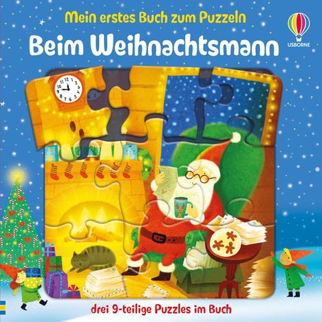 "Mein erstes Buch zum Puzzeln. Beim Weihnachtsmann. Drei 9-teilige Puzzles im Buch." Illustration: Weihnachtsmann, Geschenke, Baum.