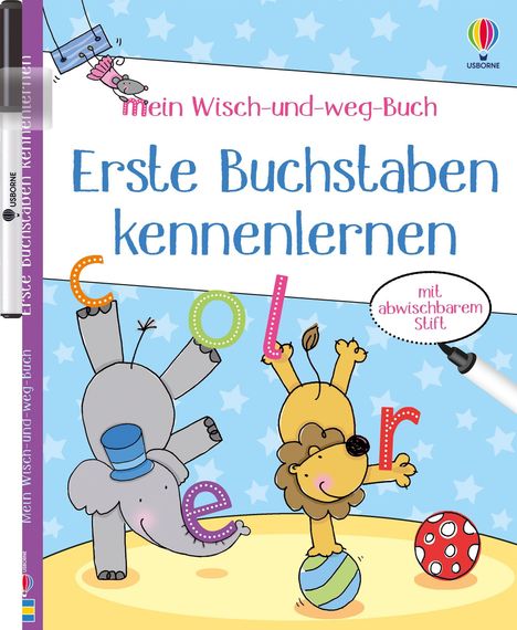 „Mein Wisch-und-weg-Buch: Erste Buchstaben kennenlernen“ steht in großen Buchstaben. Es gibt spielende Tiere.