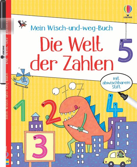 Der Text „Die Welt der Zahlen“, bunte Zahlfiguren, ein freundlicher Dinosaurier mit Stift, farbenfrohe Gebäude und Fahrzeuge.