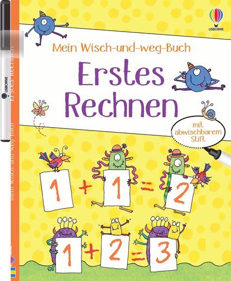 „Mein Wisch-und-weg-Buch: Erstes Rechnen“ mit lustigen bunten Kreaturen und abwischbarem Stift.