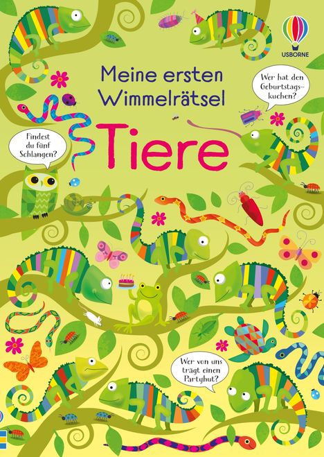 "Meine ersten Wimmelrätsel: Tiere." Bunte Chamäleons, Schlangen, Insekten und eine Schildkröte auf gelbem Hintergrund.