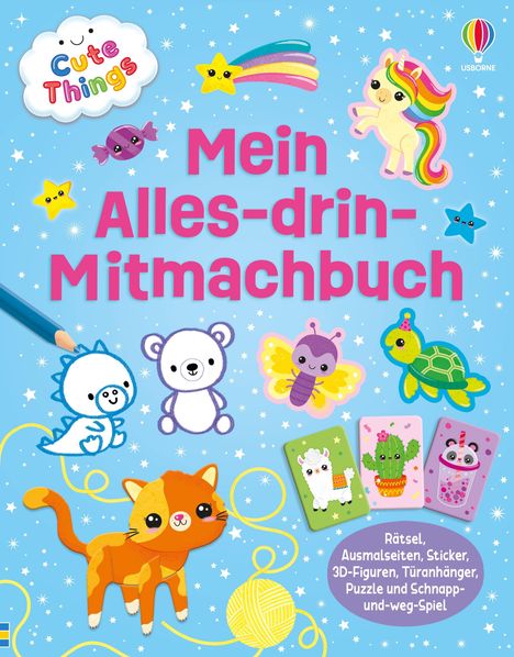 „Mein Alles-drin-Mitmachbuch“ in Rosa. Illustration bunter Tiere, Sterne und einem Einhorn auf blauem Hintergrund.