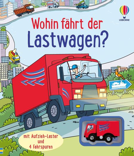 Text: "Wohin fährt der Lastwagen?" Illustration eines roten Lastwagens mit Fahrer. Enthält ein Spielzeugmodell in einer Box.