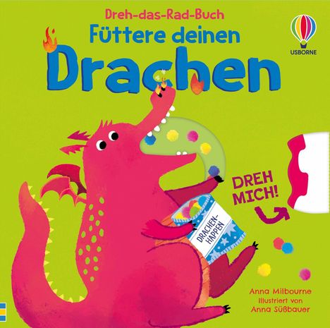Ein roter Drache frisst bunte Kugeln aus einer Tüte, auf der "DRACHEN-HAPPEN" steht. Oben steht "Füttere deinen Drachen".