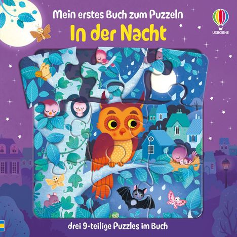 Text: "Mein erstes Buch zum Puzzeln: In der Nacht, drei 9-teilige Puzzles im Buch." Illustration mit Eule und Baum.
