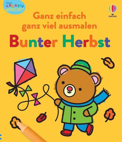 Text: "Ganz einfach ganz viel ausmalen", "Bunter Herbst". Illustration: Ein Bär im Herbstmantel hält einen Drachen.