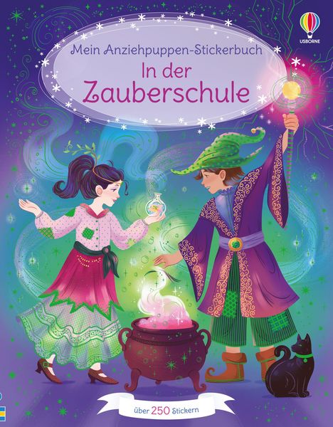 "Mein Anziehpuppen-Stickerbuch In der Zauberschule," über 250 Stickern. Illustration von zwei Figuren in zauberhafter Kleidung.