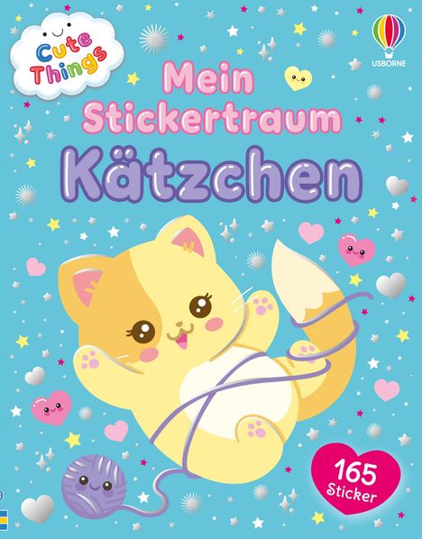 "Mein Stickertraum Kätzchen" in bunten Lettern, niedliches Kätzchen mit Garn, Herz und Sternenmuster auf blauem Hintergrund.