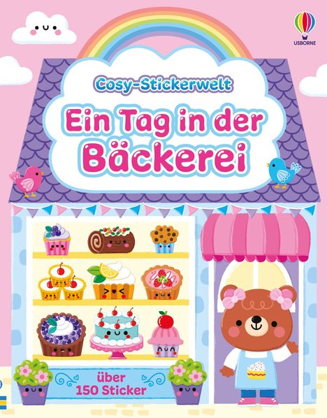 Text: "Cosy-Stickerwelt, Ein Tag in der Bäckerei, über 150 Sticker." 

Illustration: Fröhliche Bäckereiszene mit Tierfiguren und verzierten Süßigkeiten.