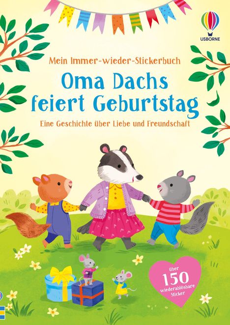 "Oma Dachs feiert Geburtstag. Eine Geschichte über Liebe und Freundschaft." Illustration mit Waldtieren auf einer Wiese.