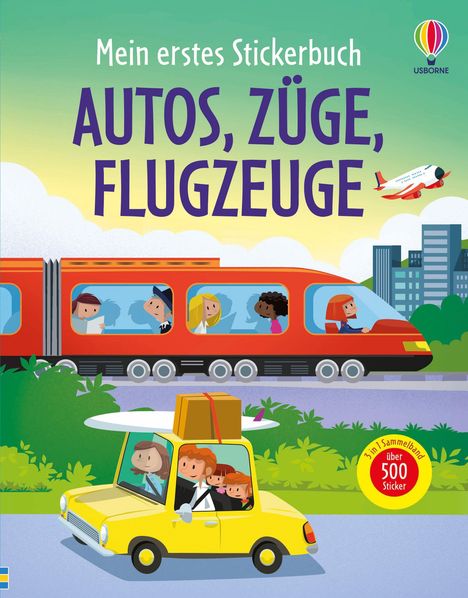 "Mein erstes Stickerbuch: Autos, Züge, Flugzeuge" steht oben. Ein gelbes Auto, ein roter Zug und ein Flugzeug sind abgebildet.