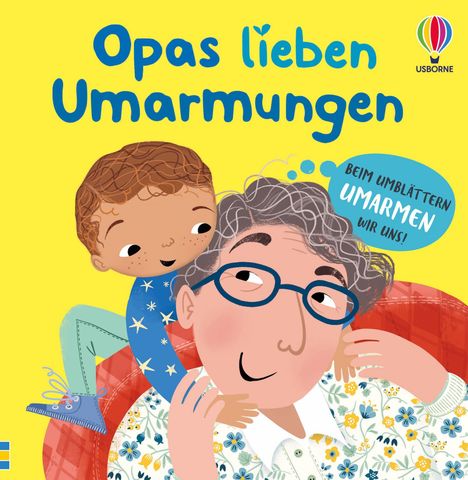 "Opas lieben Umarmungen" steht oben, ein Junge umarmt einen älteren Mann, beide lächeln, fröhliche Farben.
