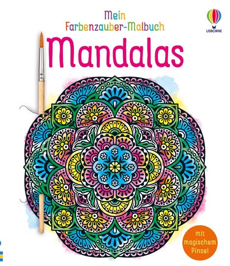 "Mein Farbenzauber-Malbuch: Mandalas" in bunter Schrift. Ein Pinsel und farbenfrohes Mandala, rechts Logo eines Ballons.
