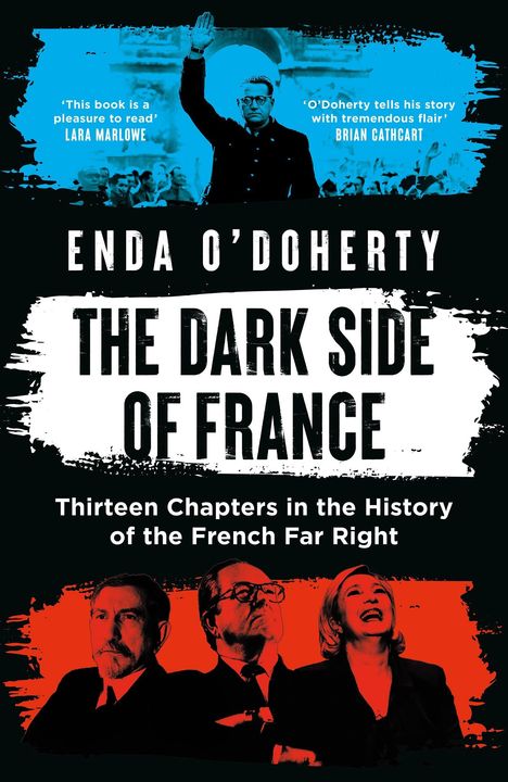 Text: „This book is a pleasure to read“ - Lara Marlowe. „O'Doherty tells his story with tremendous flair“ - Brian Cathcart. Drei porträtierte Personen, oben eine blaue und unten eine rote Farbfläche.