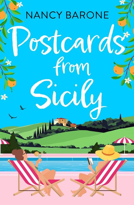 Titel: "Postcards from Sicily" von Nancy Barone. Illustration: Zwei Personen entspannen am Pool vor hügeliger Landschaft.