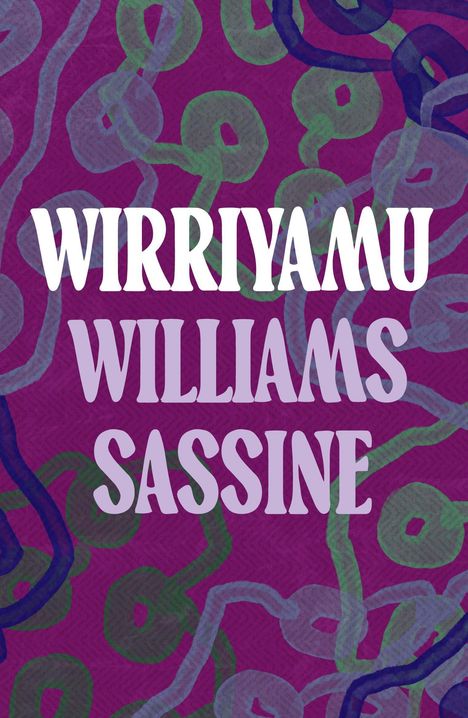 "Wirriyamu Williams Sassine" in kunstvoller, geschwungener Schrift auf lila Hintergrund mit grünen und blauen Mustern.