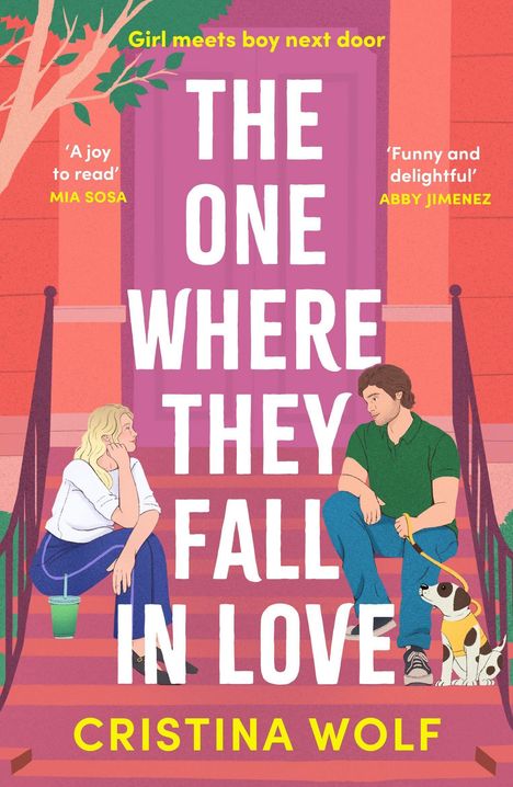 Titel: "The One Where They Fall In Love". Zwei Menschen sitzen auf einer Treppe, Frau links, Mann mit Hund rechts.