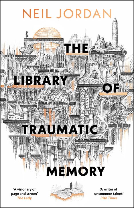 "THE LIBRARY OF TRAUMATIC MEMORY" und "NEIL JORDAN". Logo mit Eule und "HEAD OF ZEUS". Rosa Hintergrund.