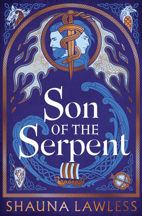 Text: "Son of the Serpent", "Shauna Lawless". Illustration: Zwei Gesichter, Schlangenschwert, Wikingerschiff, keltische Muster.