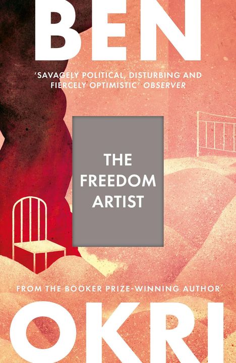 „THE FREEDOM ARTIST“ in der Mitte, oben „BEN“ mit Rezension. Illustration mit Stuhl und abstrakten Formen in Rot- und Orangetönen.