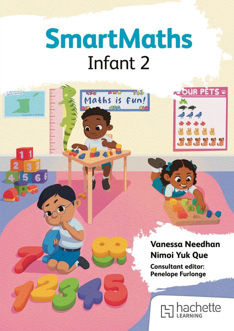 "SmartMaths Infant 2". Kinder spielen mit bunten Zahlen und Bauklötzen. Wandposter: "Maths is fun!" und "OUR PETS".