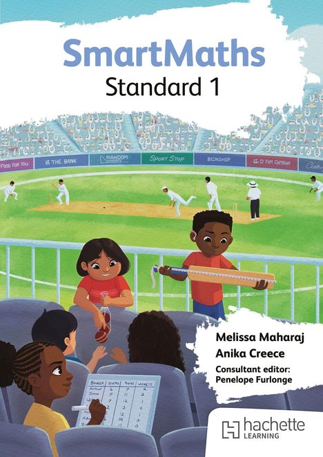 "SmartMaths Standard 1". Kinder bei einem Cricketspiel, ein Kind hält eine Cola, ein anderes eine lange Crickethandpumpe.