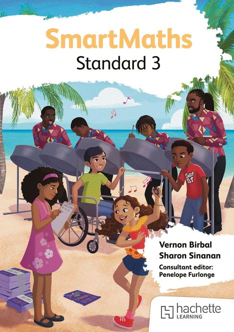 "SmartMaths Standard 3" zeigt Kinder am Strand, einige musizieren mit Steelpans. Bücher und fröhliche Noten sind um sie herum.
