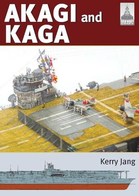"AKAGI and KAGA", Kerry Jang. Modell eines Flugzeugträgers mit Flugzeugen, darunter Zeichnung des Schiffs.