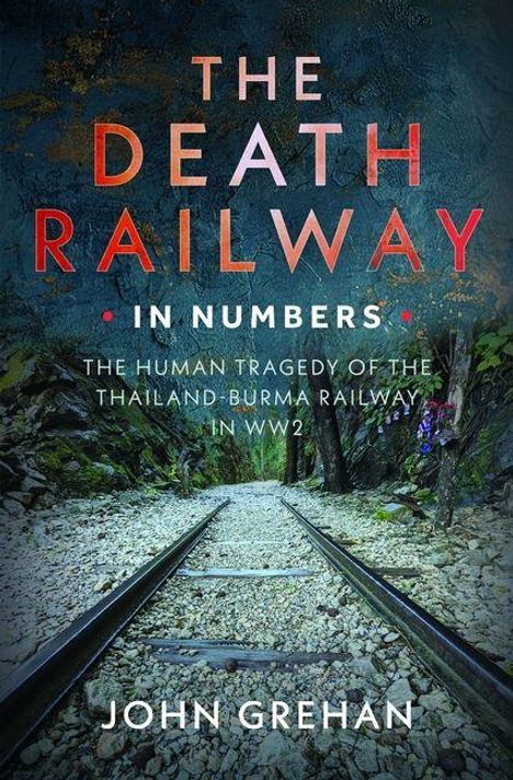 „THE DEATH RAILWAY IN NUMBERS“ und „JOHN GREHAN“ stehen im Zentrum, darunter Schienen in einer felsigen Landschaft.
