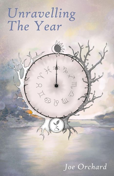 "Unravelling The Year" von Joe Orchard. Illustration: Baumringe als Uhr mit Sternzeichen, zartes, nebliges Hintergrundbild.