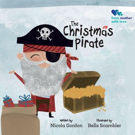 Text: „The Christmas Pirate“. Illustration zeigt einen Piraten mit einem Geschenk und einer offenen Schatztruhe.