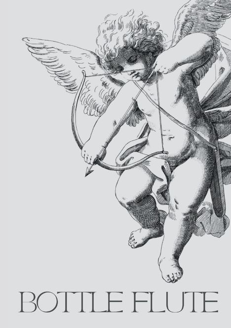 Text "BOTTLE FLUTE". Ein Engel mit Flügeln spannt einen Bogen, detaillierte schwarz-weiße Illustration.