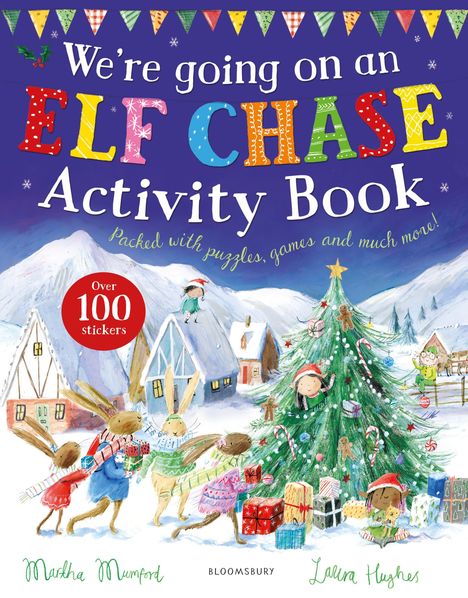"We're going on an ELF CHASE Activity Book" steht oben. Illustration: Hasen, Geschenke, Tannenbaum, Schnee, Häuser.