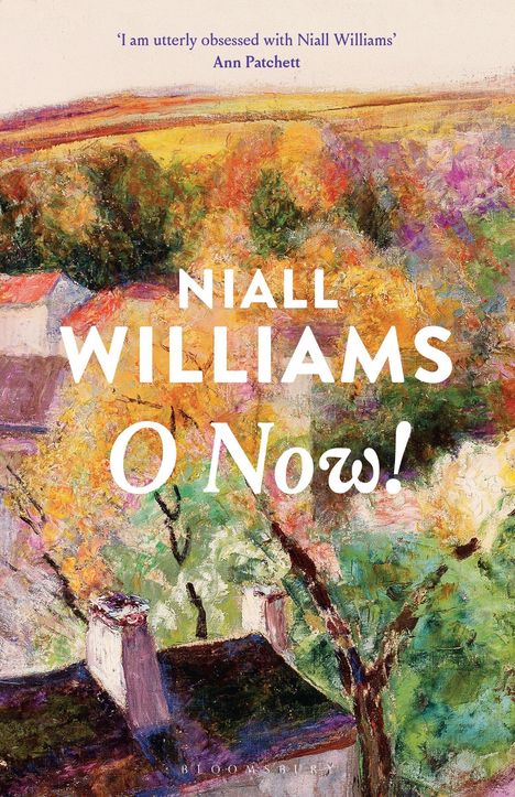 Oben steht: "I am utterly obsessed with Niall Williams" Ann Patchett. Darunter: "Niall Williams O Now!" In einer bunten Landschaft.