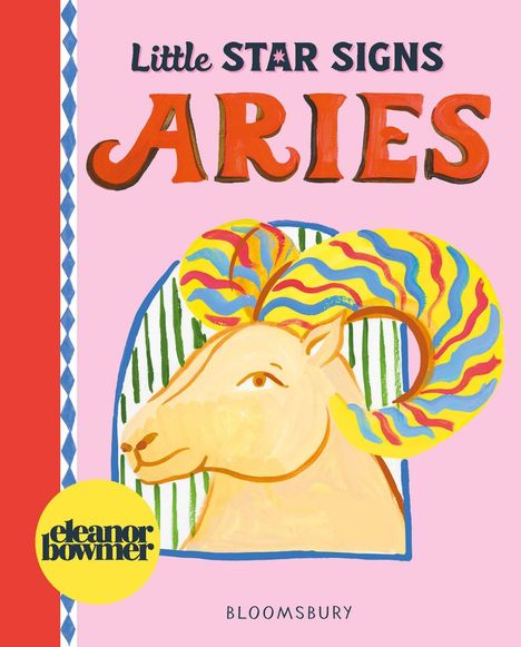 "Little Star Signs: Aries", Illustration eines Widders mit bunten Hörnern auf rosa Hintergrund.