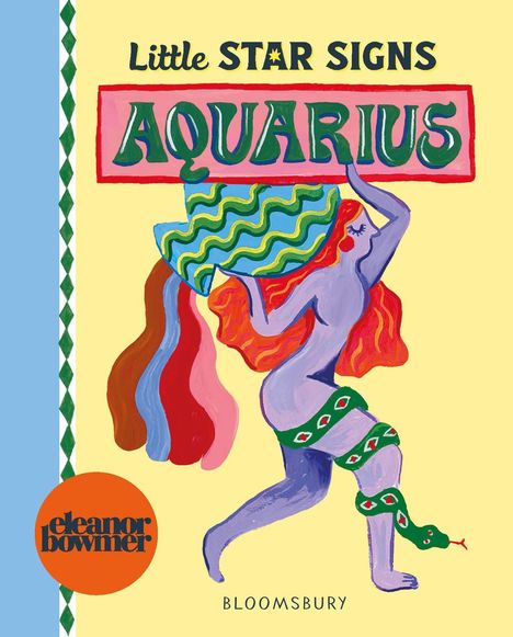 Oben steht "Little STAR SIGNS" und darunter "AQUARIUS". Darunter eine bunte Figur mit einer großen Wasserkrug.