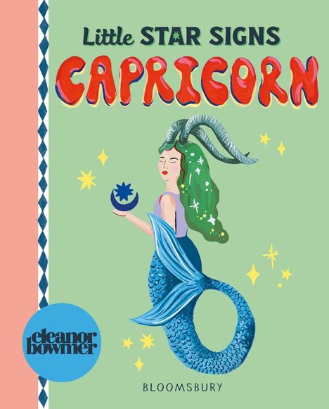 "Little STAR SIGNS CAPRICORN" in lebhaften Buchstaben; Illustration einer Meerjungfrauen-Ziege mit Hörnern und grünen Haaren.