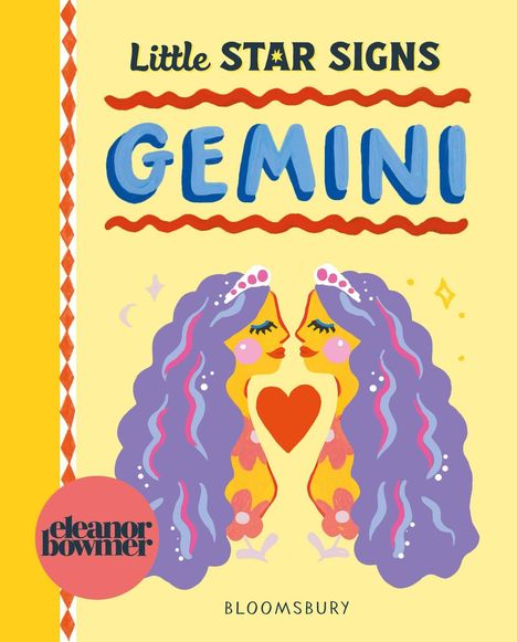 „Little Star Signs Gemini“ und „eleanor bowmer BLOOMSBURY“. Illustration von zwei symmetrischen Figuren mit lila Haaren.