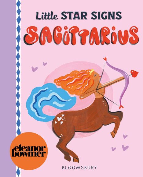 "Little Star Signs: Sagittarius", Illustration eines Zentauren mit Bogen, pastellfarben, pinker Hintergrund.