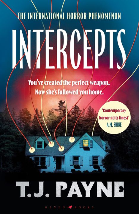 „INTERCEPTS“ steht groß. Ein Haus im Wald mit Lichtstrahlen und Wörter wie „Horror“ und „Waffe“. Buchcover von T.J. Payne.