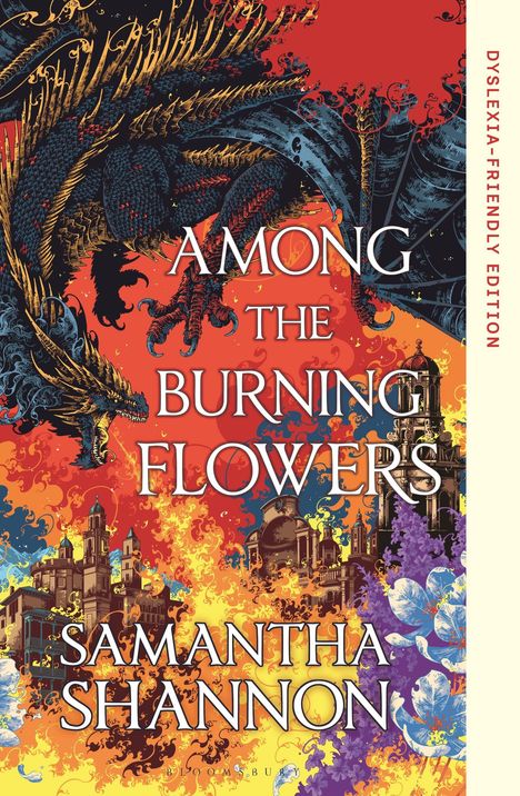 "Among the Burning Flowers" von Samantha Shannon; Illustration eines Drachen über einer brennenden Stadt.