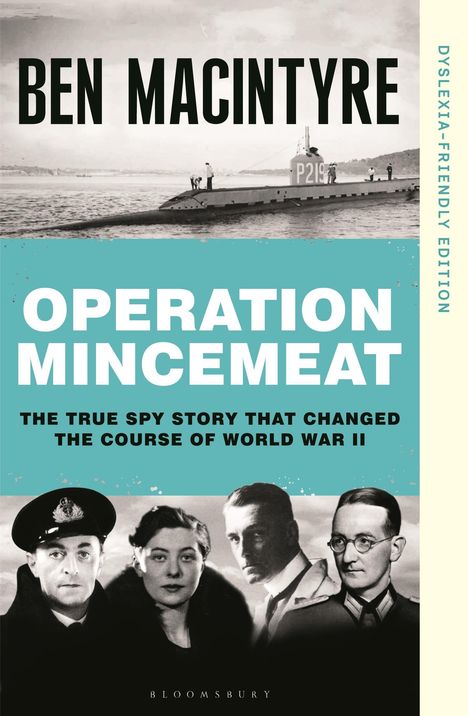 Cover eines Buches mit dem Titel "Operation Mincemeat". Oben ein U-Boot, unten vier Personen in Schwarzweiß.