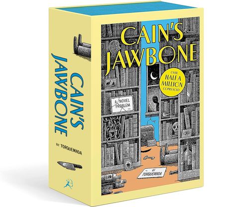 "Cain's Jawbone" in großen Buchstaben, "Over Half a Million Copies Sold". Illustration einer Bibliothek im Hintergrund.