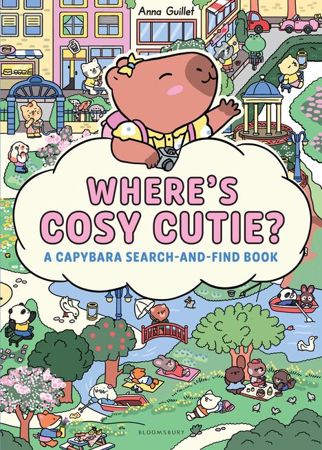 Der Titel lautet: "WHERE'S COSY CUTIE? A CAPYBARA SEARCH-AND-FIND BOOK". Eine Illustration zeigt fröhliche Tiere in einem Park.