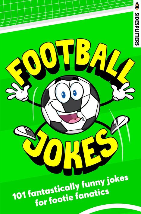 „Football Jokes“. Ein lachender Fußball mit Augen und Armen auf grünem Hintergrund mit Tor im Comicstil.